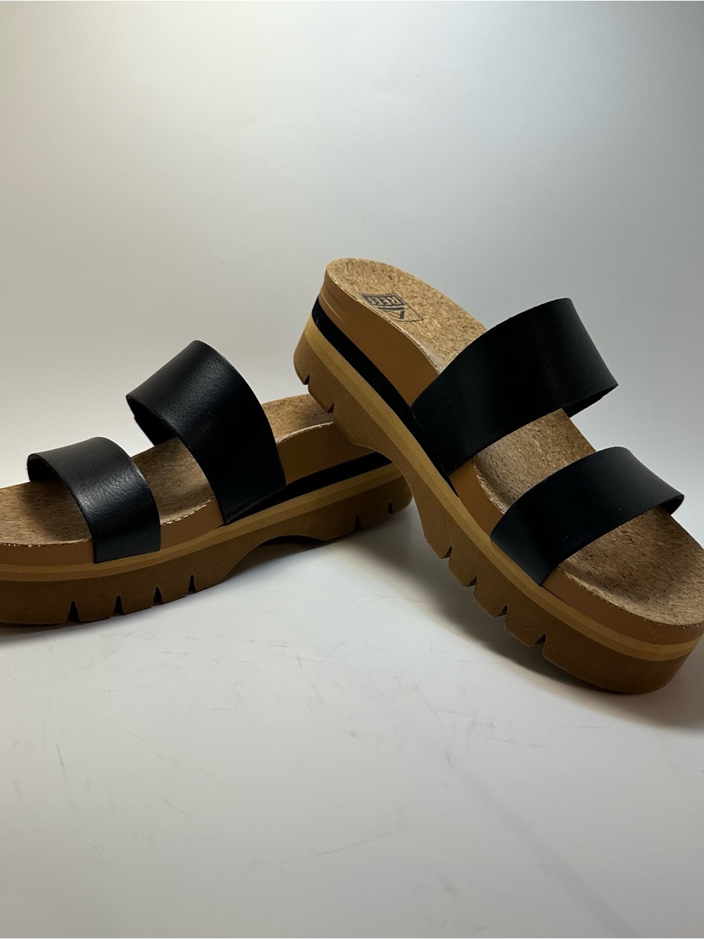 Reef Black Double-Strap Platform Slide Mules with Tan Sole